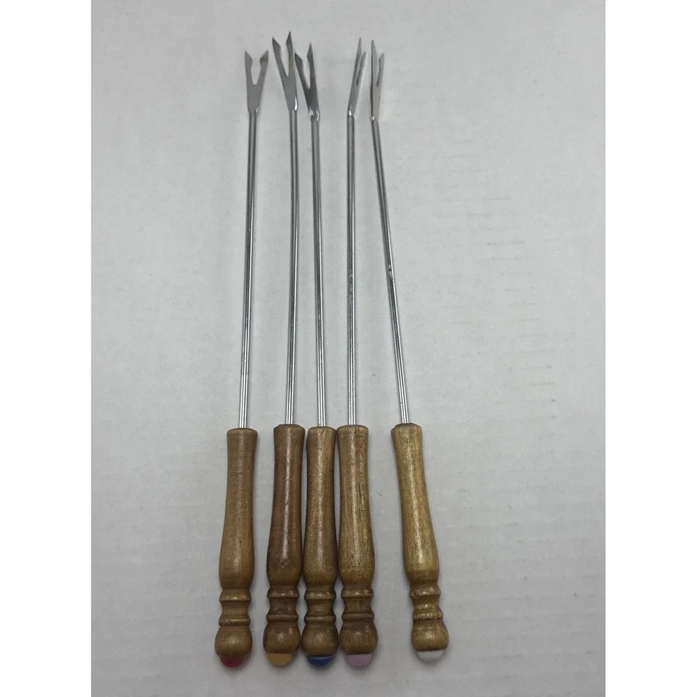 Vintage Fondue Forks Set of 5 Wooden Handle Stainless Steel Color Coded Skewers